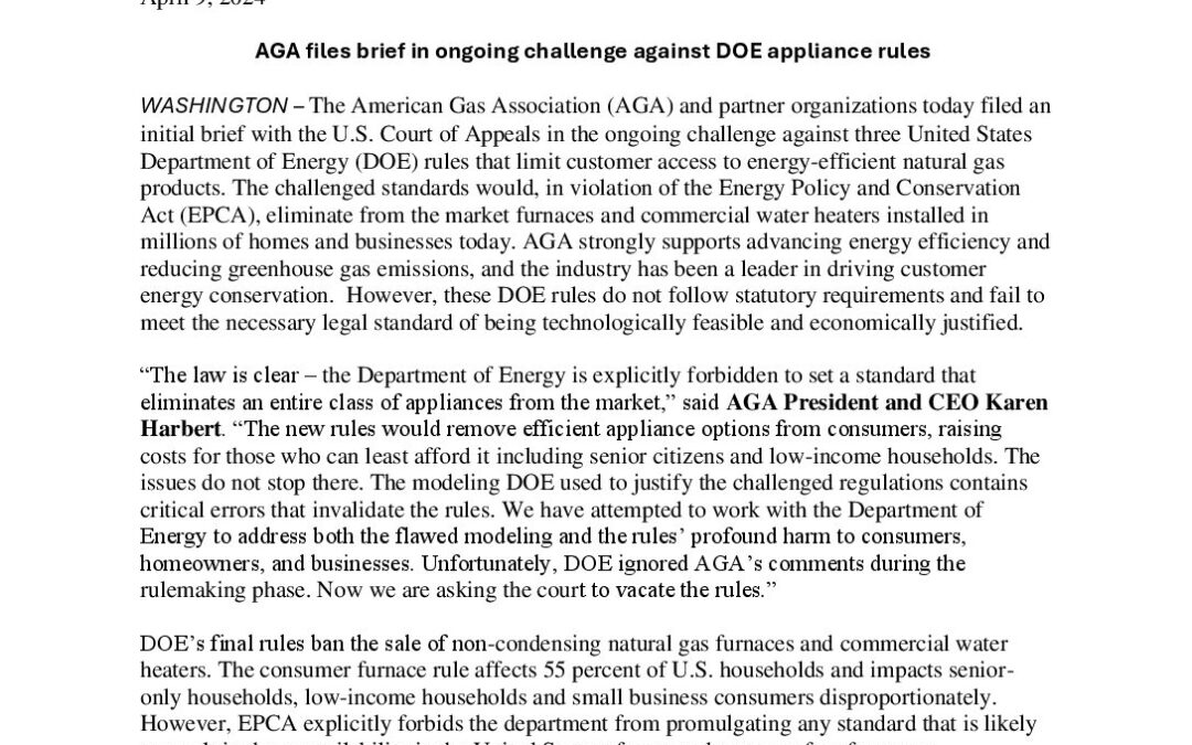 AGA April 9, 2024 Press Release on the Legal Challange of DOE on Appliance Efficiency Standards